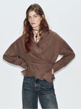 Zara Brown Wrap-Style Button Down Shirt